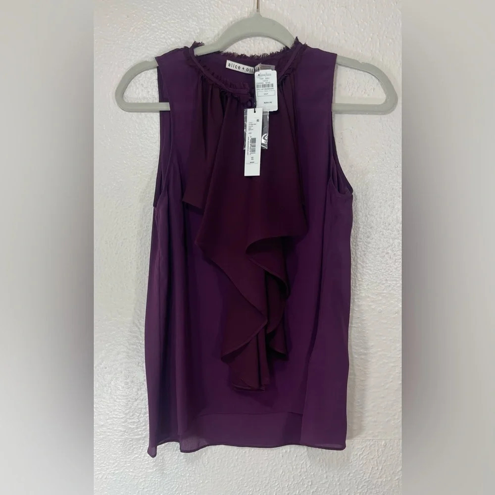 Alice + Olivia Silk Elisa High Neck Wine Merlot Ruffle Sleeveless Top Women’s XS - Picture 2 of 16